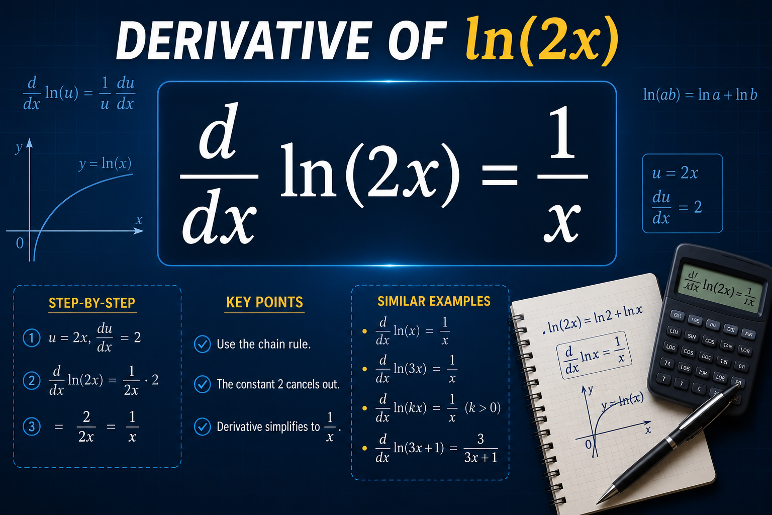 Derivative of ln(2x): Step-by-Step Explanation, Rules, and Examples